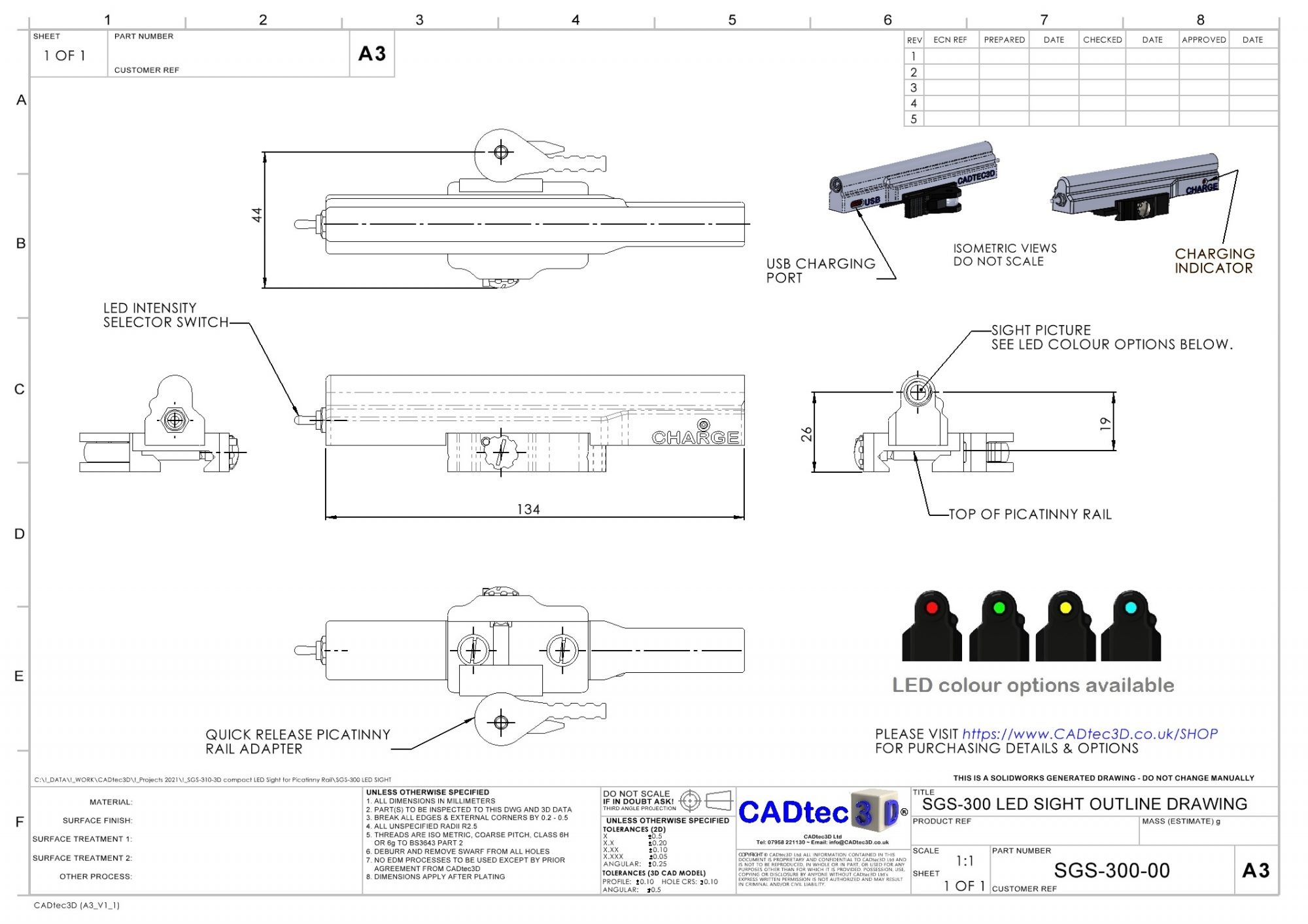 Drawing of LED sight for Picatinny Rail. Click to download the .pdf drawing